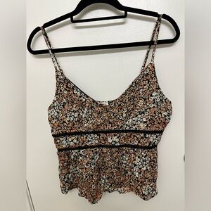 Francesca's Orange, White & Black Floral Tank Top, Size L